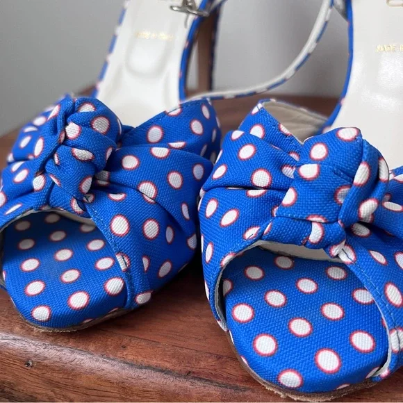 Something Bleu, polka dot sandals, blue/orange/white. Leather sole, size 9 - Picture 8 of 8